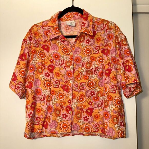 Social Tourist Groovy Retro Floral Pattern Pink Orange Collared Button Shirt Med - Picture 1 of 13